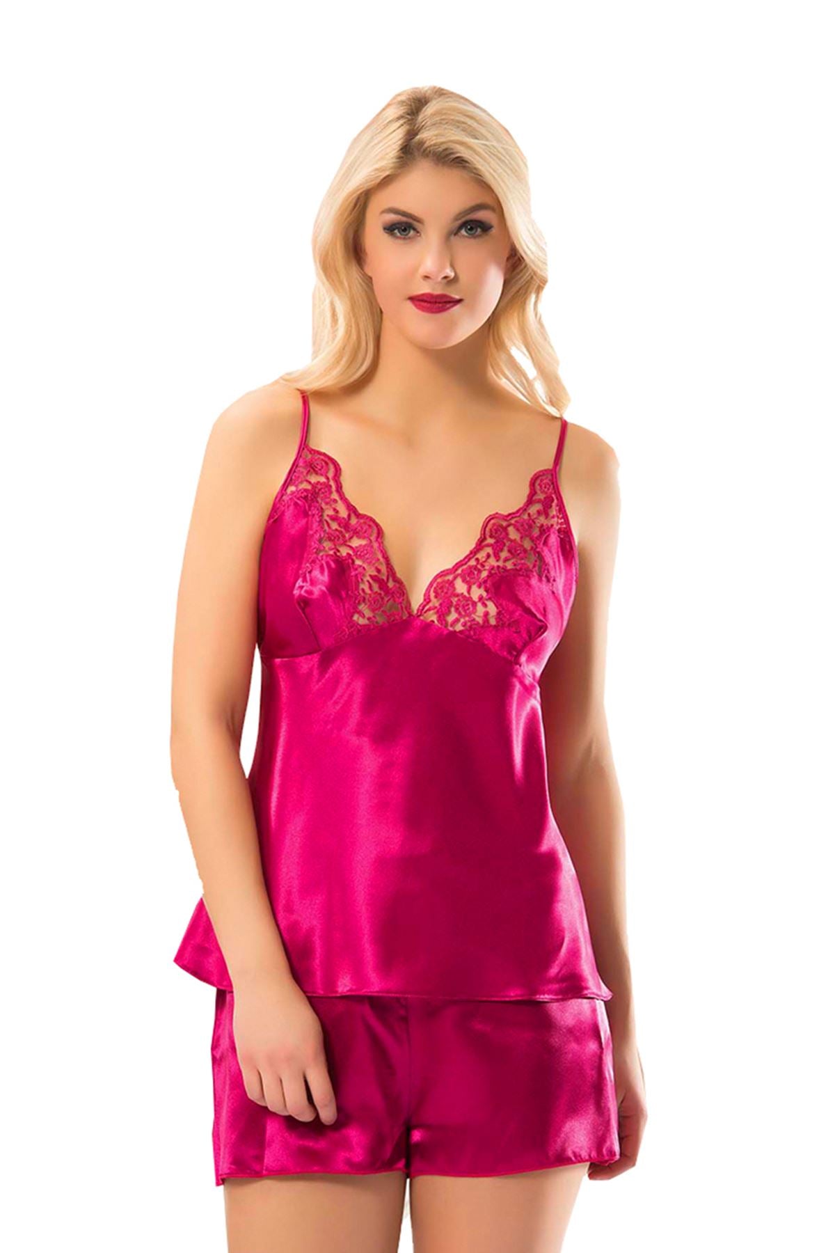 Fuşya Saten Babydoll Şortlu Takım