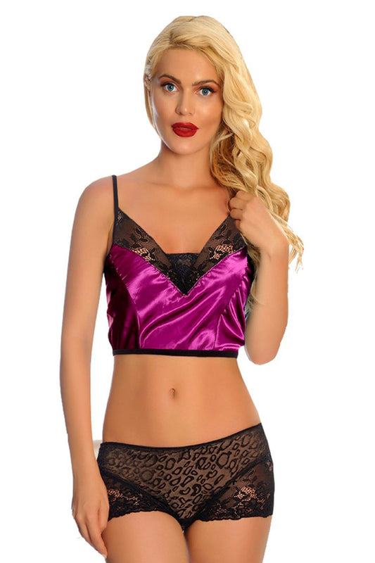 Mor Saten Dantelli Babydoll Şortlu Takım