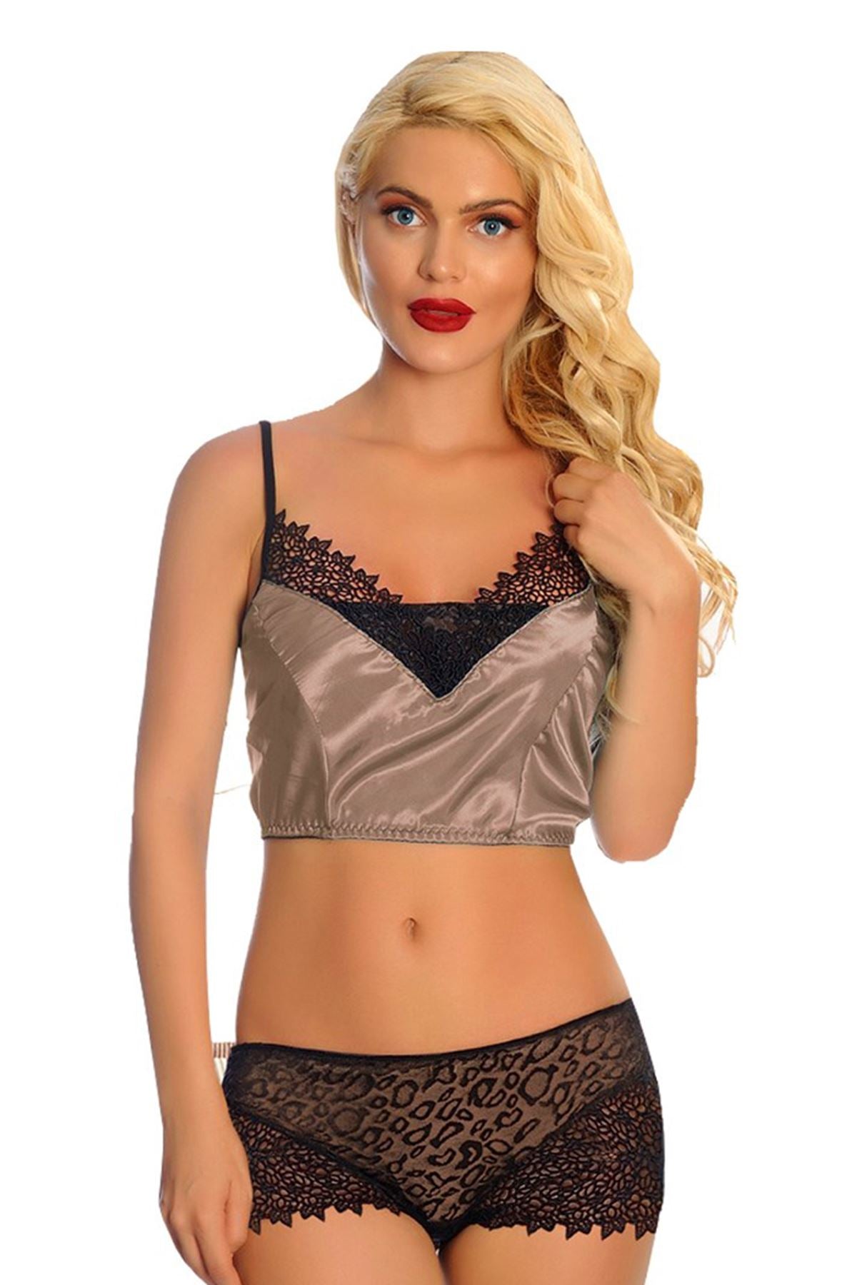 Vizon Saten Dantelli Babydoll Şortlu Takım